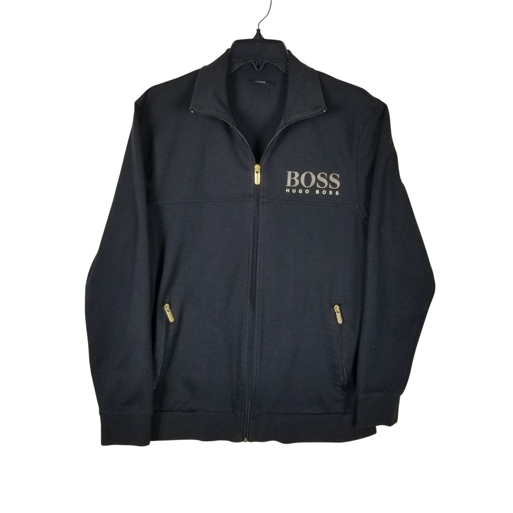 Hugo Boss Track Jacket Men Large Black Gold Logo Full Zip Mock Neck Luxury Sport